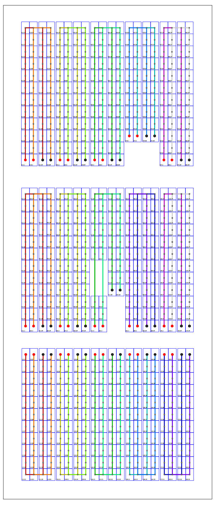 Teknisk plantegning av panellayout for Texaco-bygget med tre takseksjoner
